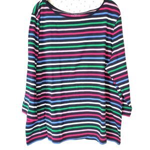Talbots Tee Top NEW 3X Navy & Multicolor Stripe 100% Cotton 3/4 Length Sleeves